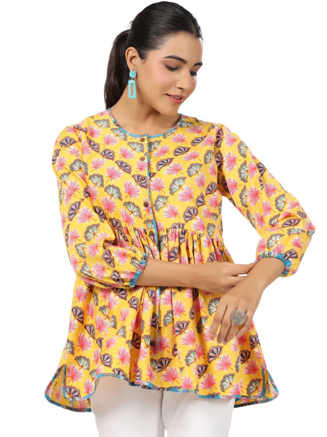 

JAIPURRANG Floral Print Round Neck Cotton Peplum Top, Yellow