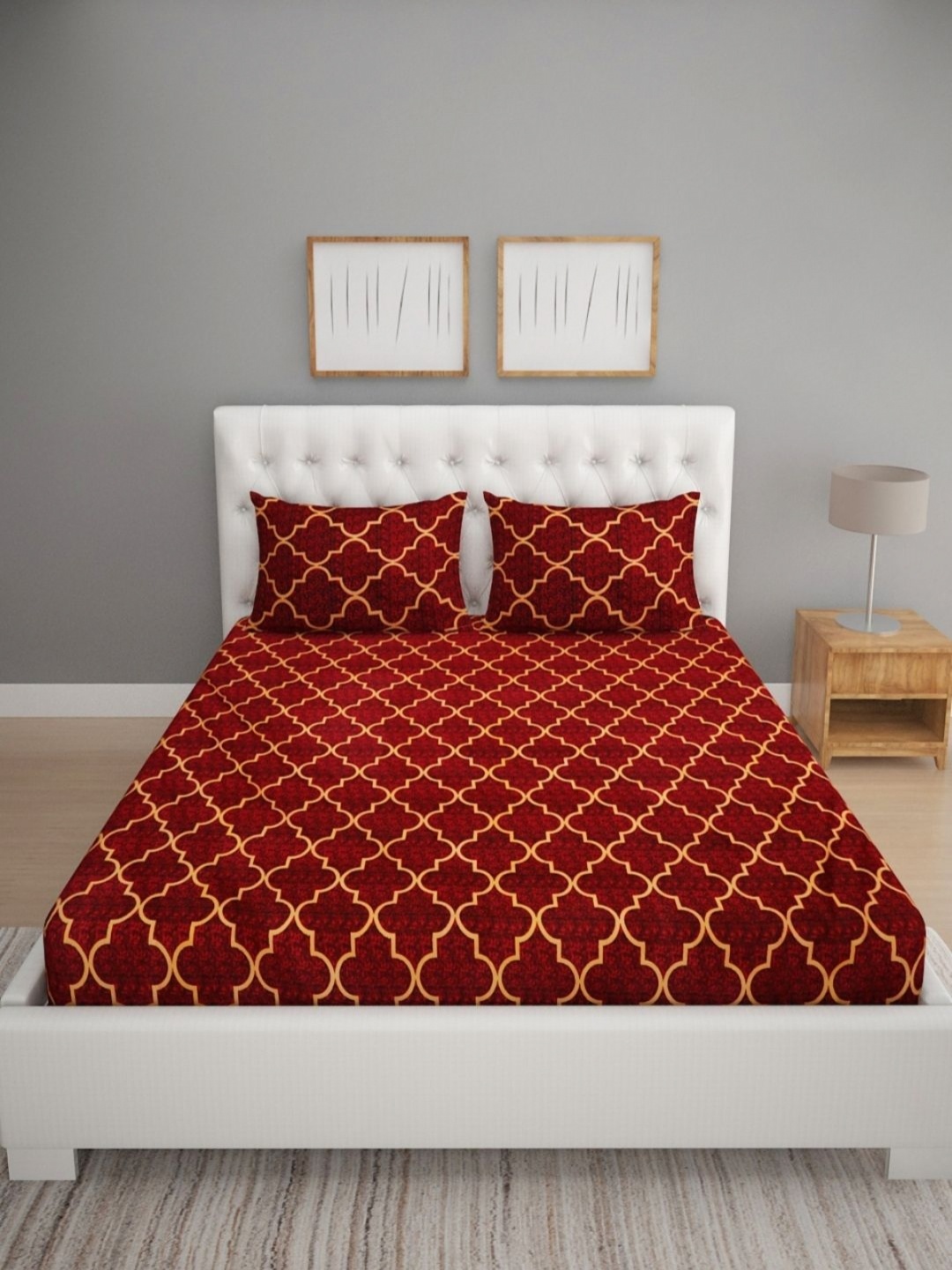 

Myntra Elegant Homes Maroon & Orange Geometric 160 TC Queen Bedsheet with 2 Pillow Covers