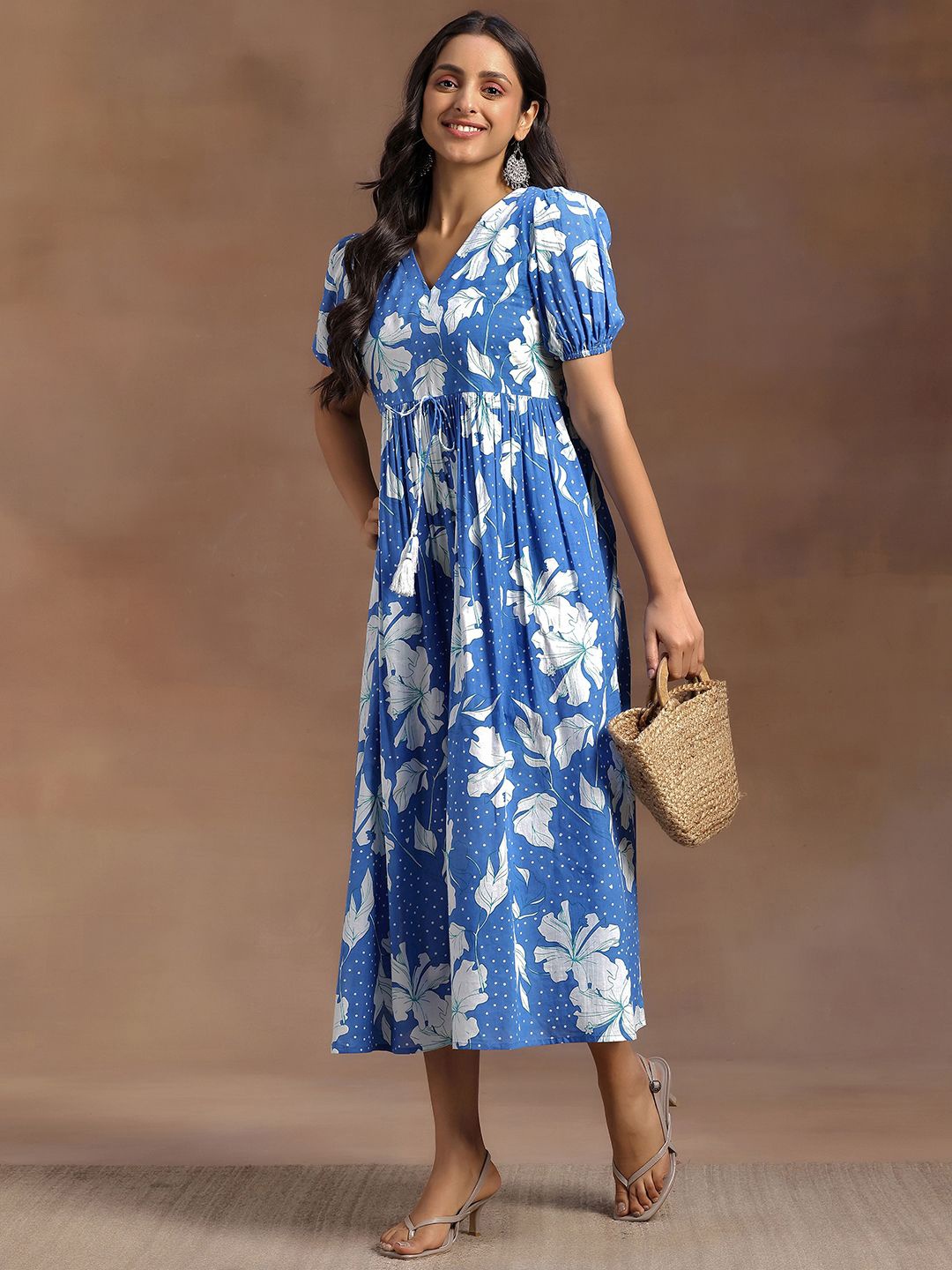 

Libas Floral Print Puff Sleeve Fit & Flare Midi Dress, Blue