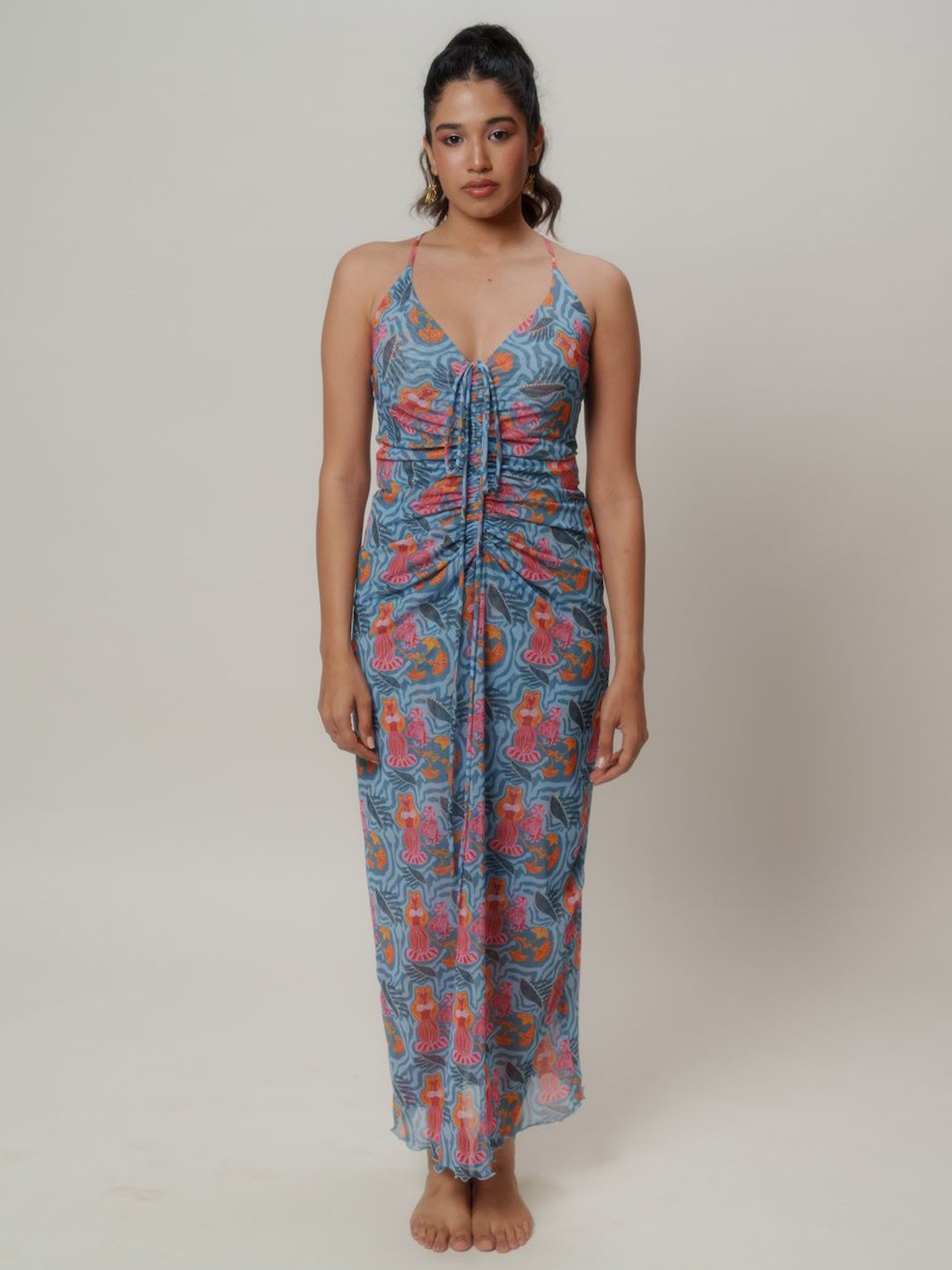 

LABEL SUGAR Bohemian Print Net Fit & Flare Maxi Dress, Blue