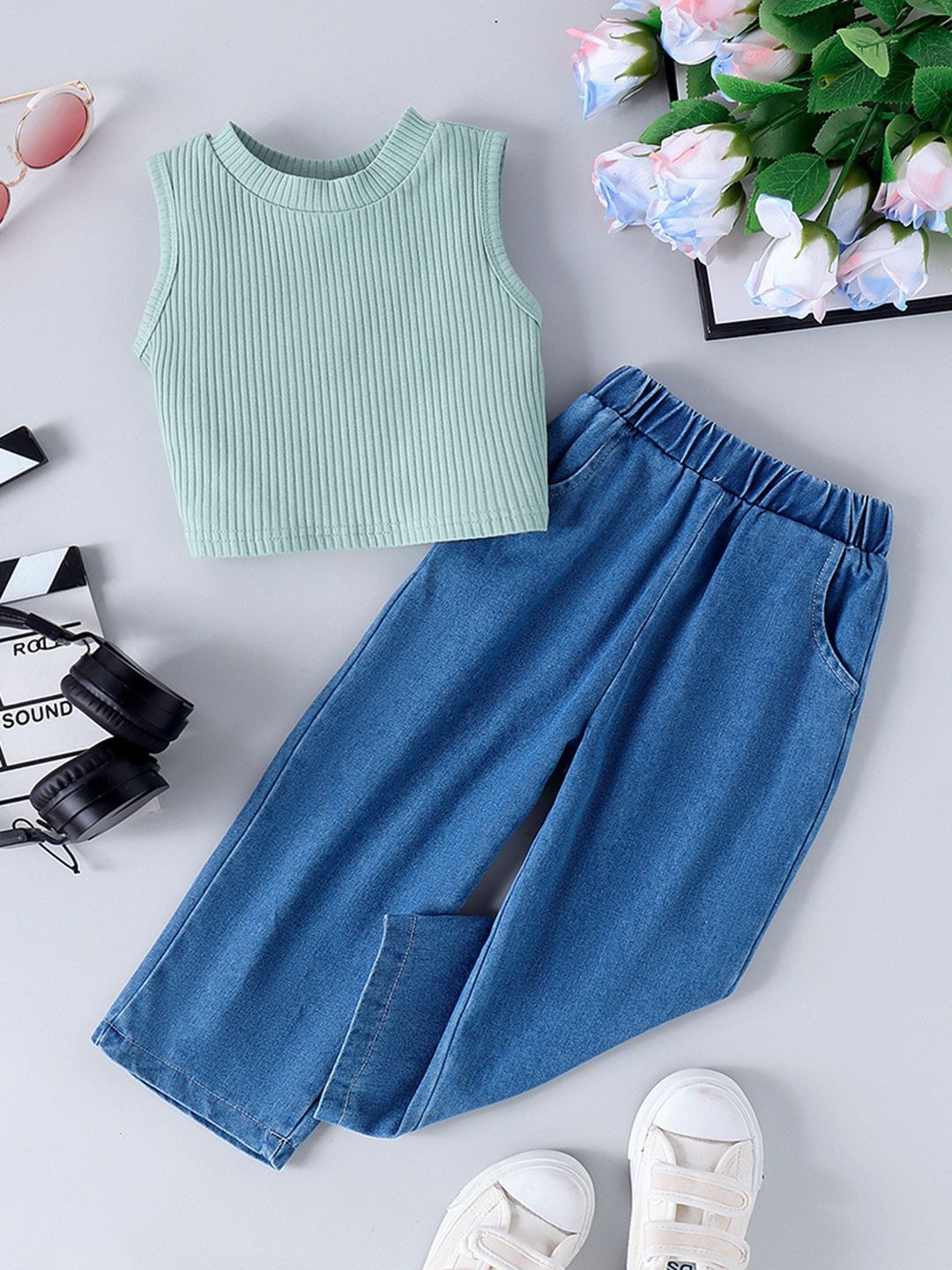 

INCLUD Girls Self Design Top with Trousers, Green