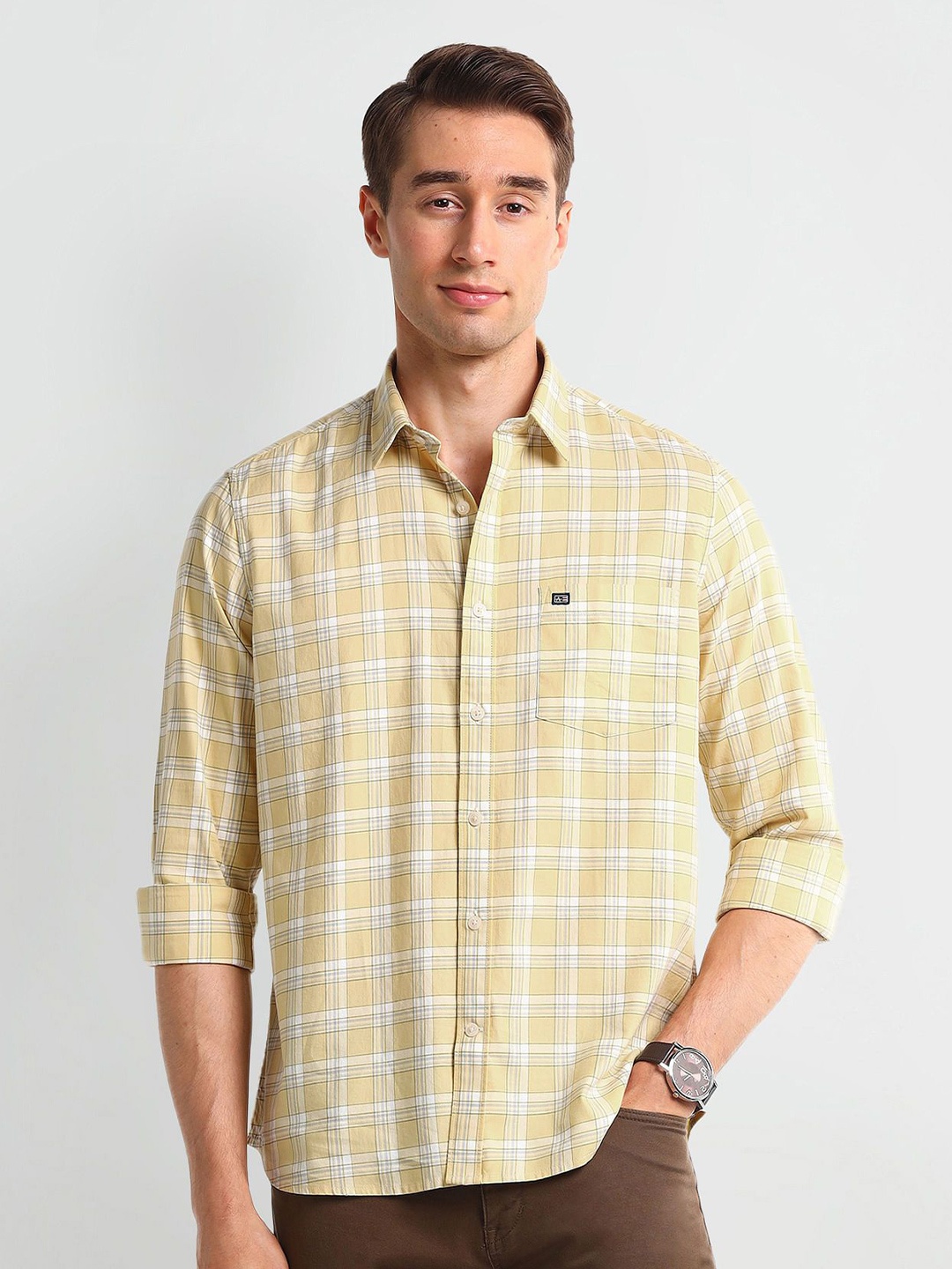 

Arrow Sport Men Opaque Checked Casual Shirt, Yellow