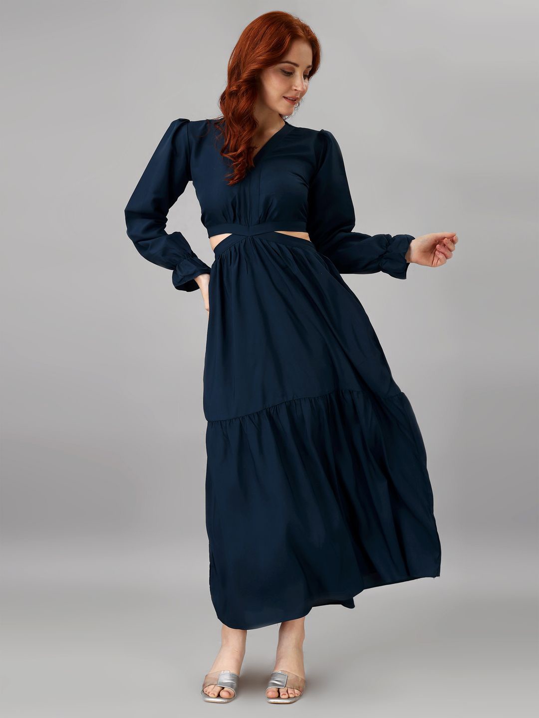 

Femvy Puff Sleeve Applique Crepe Fit & Flare Maxi Dress, Blue