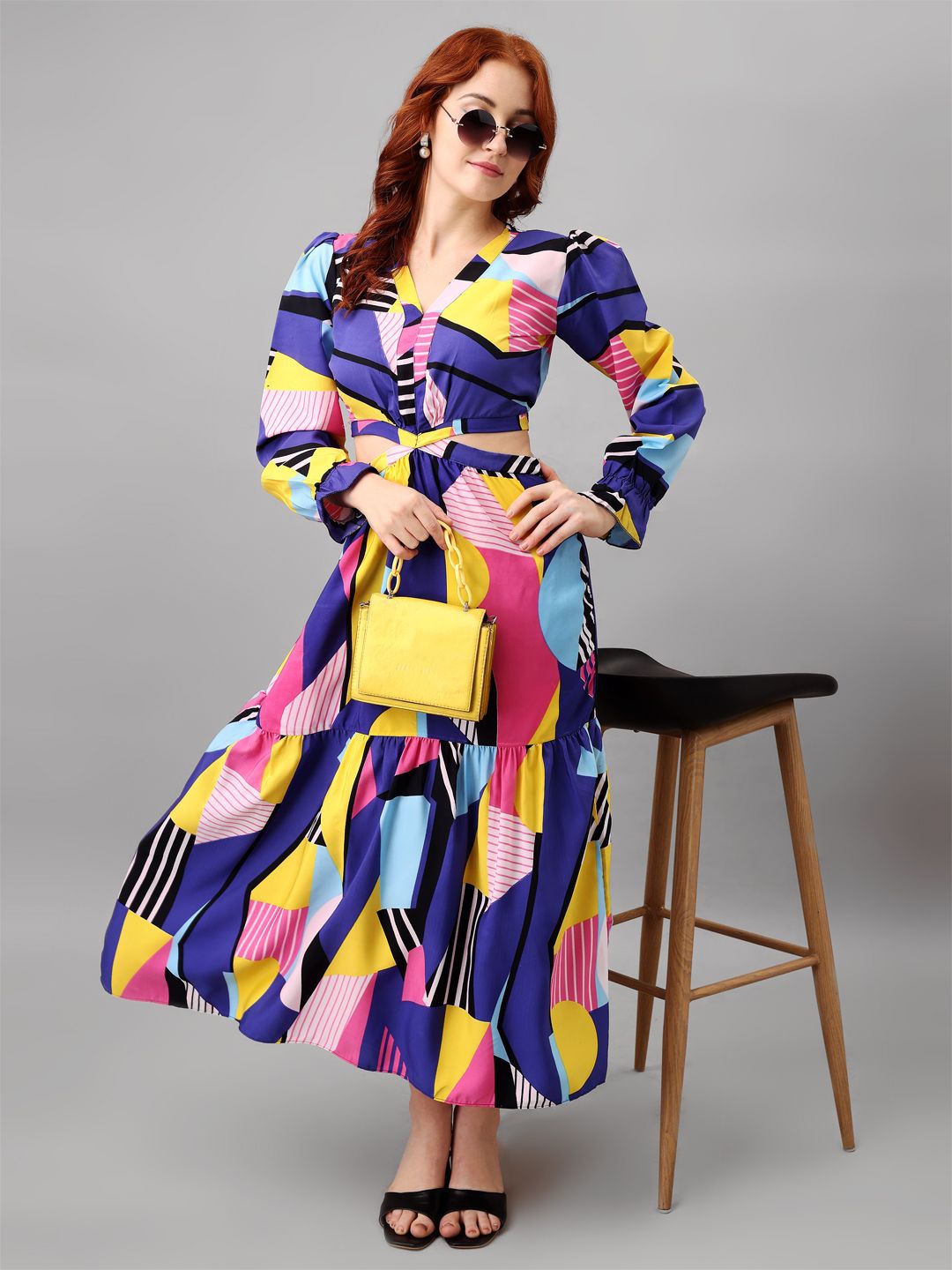 

Femvy Print Puff Sleeve Applique Crepe Fit & Flare Maxi Dress, Multi