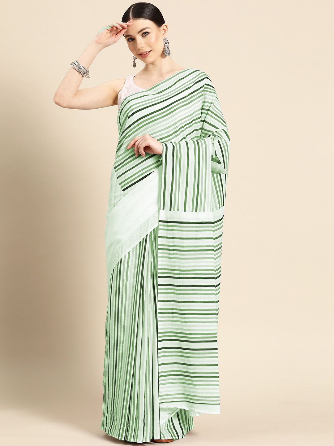 

BUTA BUTI Striped Pure Cotton Saree, Green