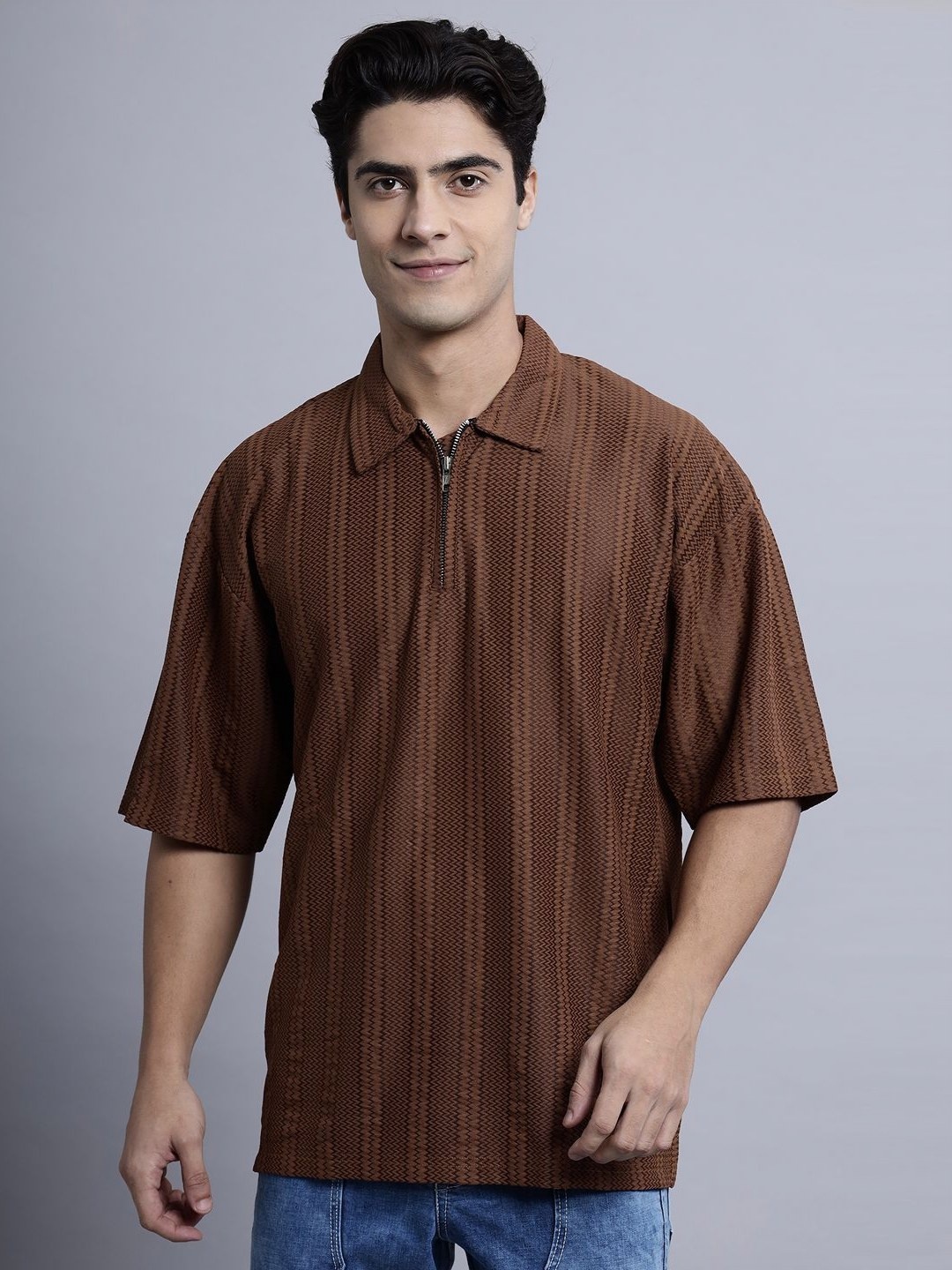 

N AND J Men Self Design Polo Collar Oversized T-shirt, Brown