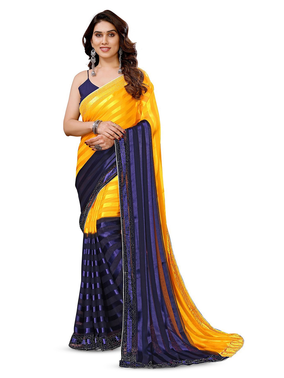 

ANAND SAREES Striped Satin Saree, Yellow
