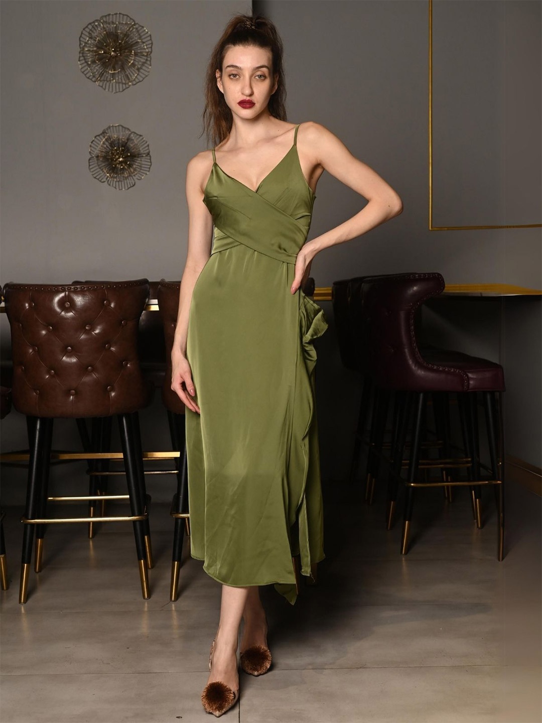 

ODETTE Satin A-Line Dress, Olive
