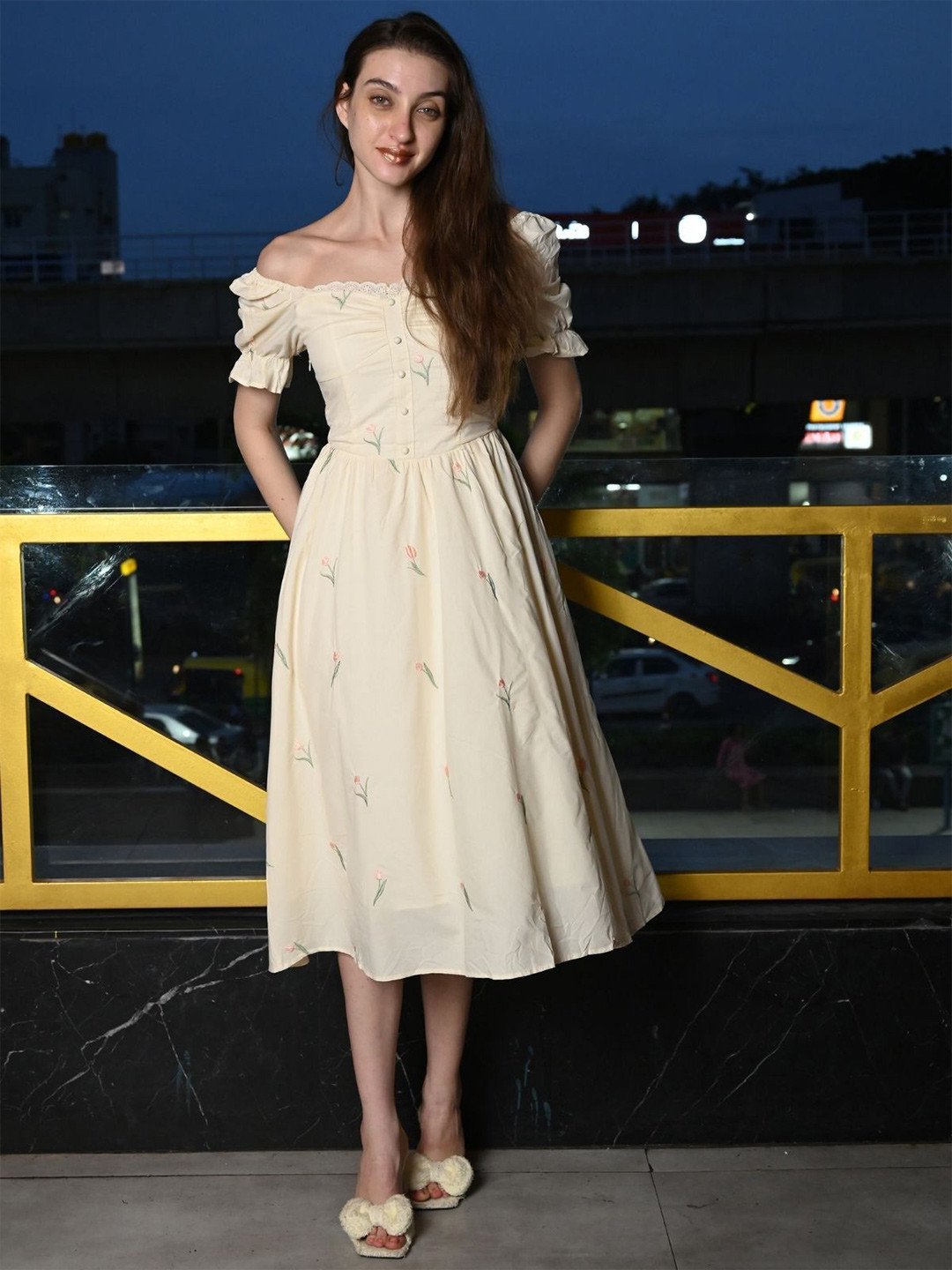 

ODETTE Embellished Embroidered Off-Shoulder Flutter Sleeve A-Line Dress, Cream