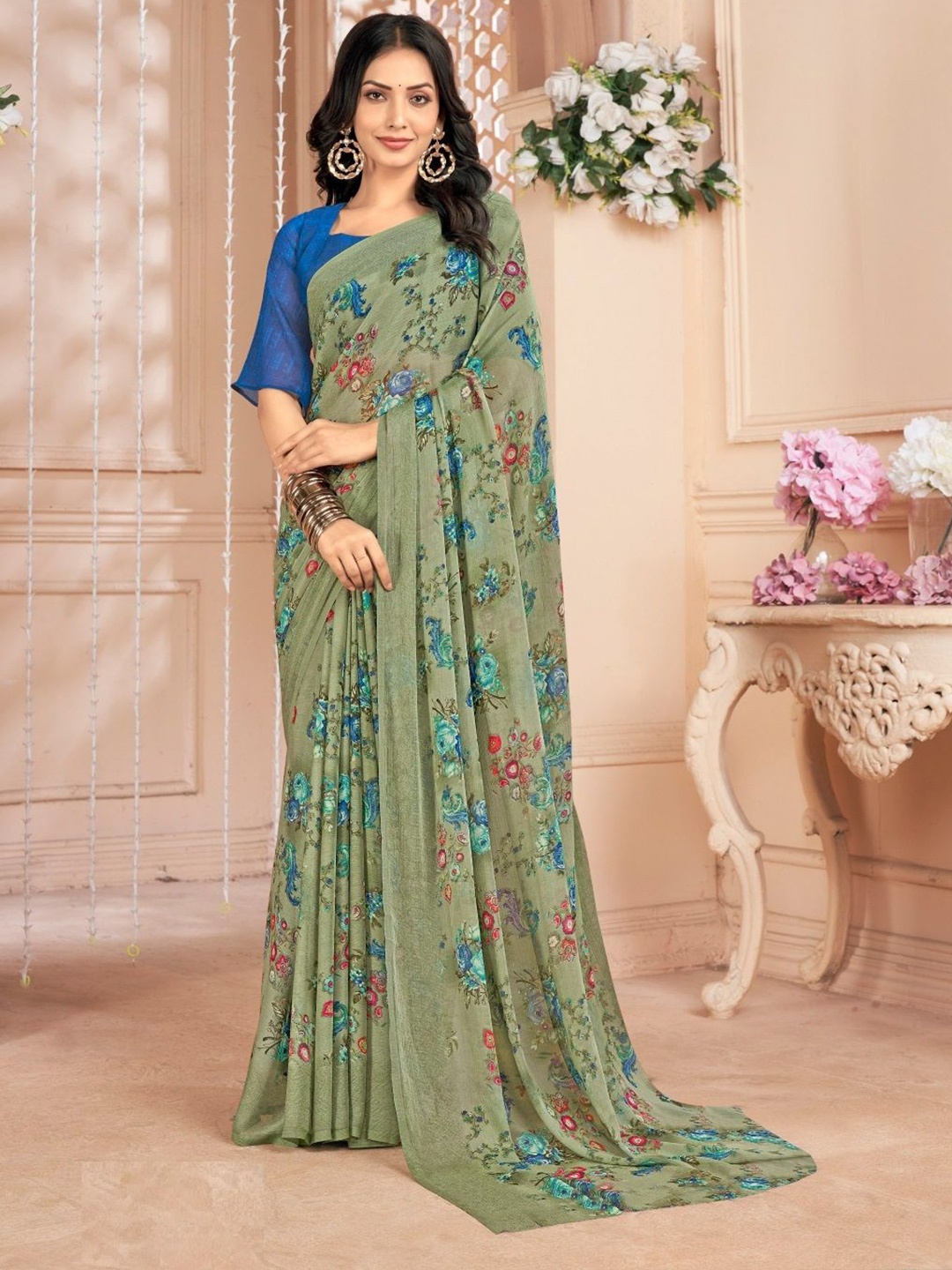 

Reboot Fashions Floral Pure Chiffon Saree, Green