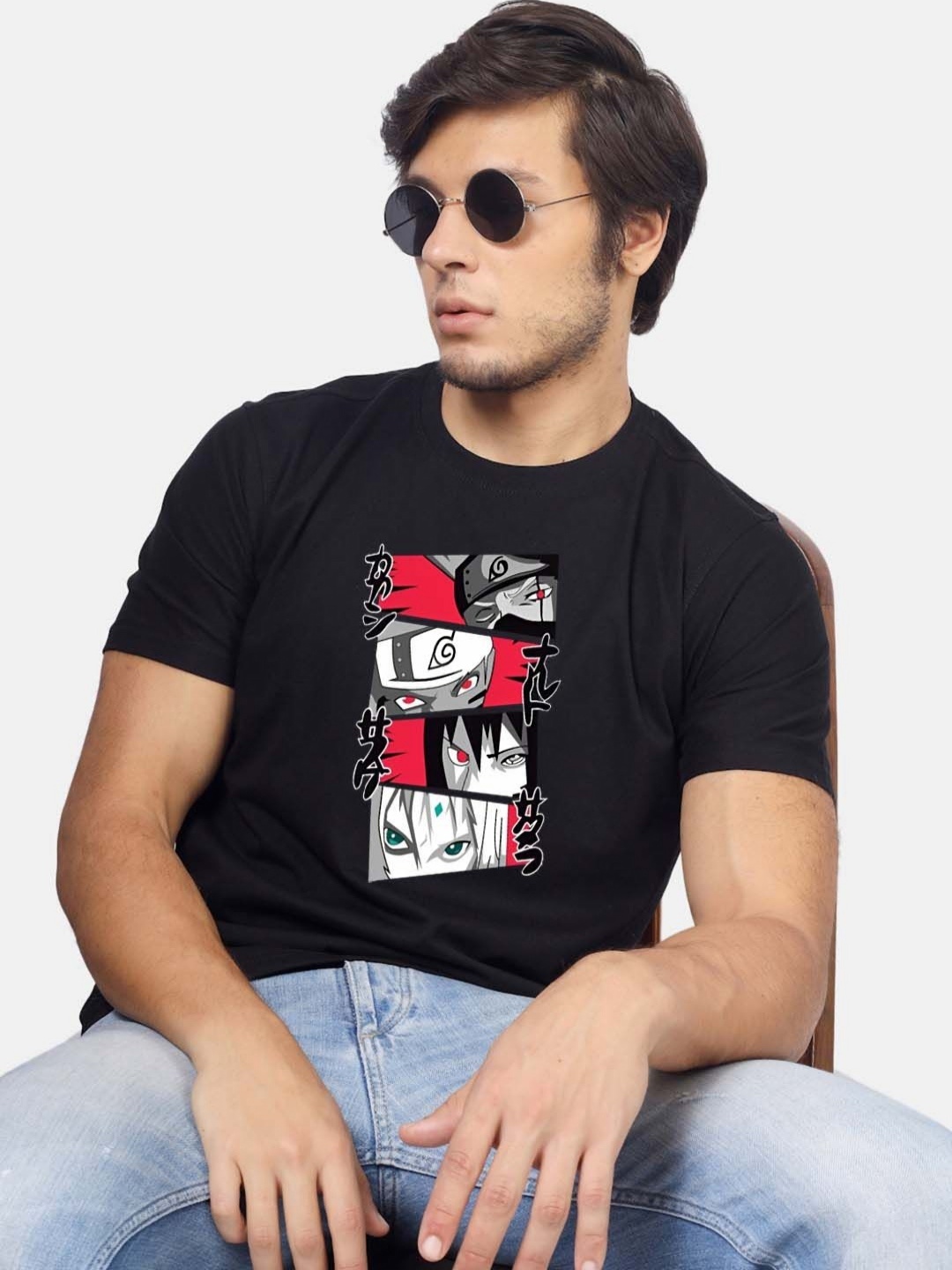 

Greylongg Men Graphic Printed Round Neck Cotton T-shirt, Black