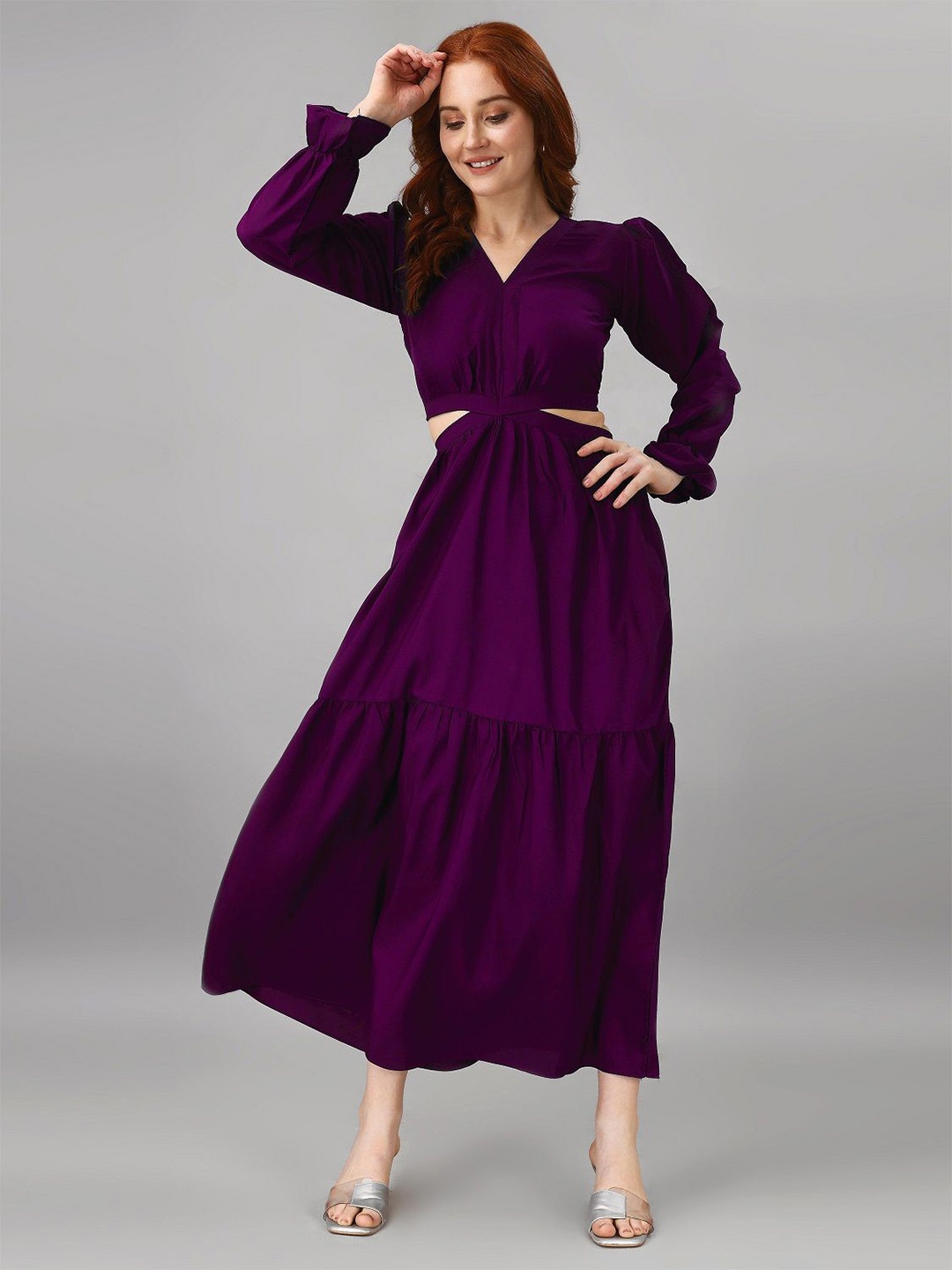 

Femvy Puff Sleeve Applique Crepe Fit & Flare Maxi Dress, Magenta