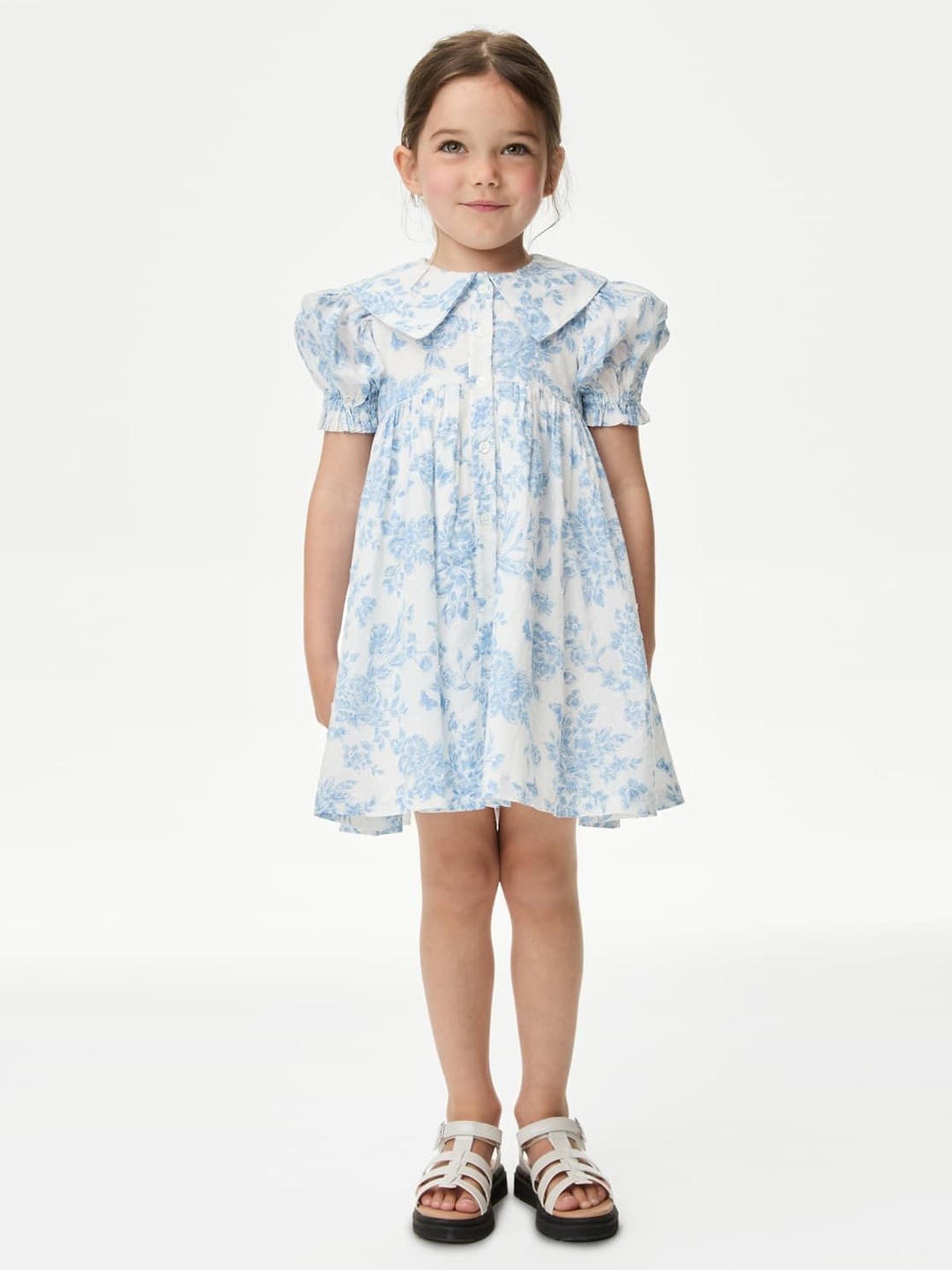 

Marks & Spencer Floral Print Puff Sleeve Fit & Flare Dress, Blue