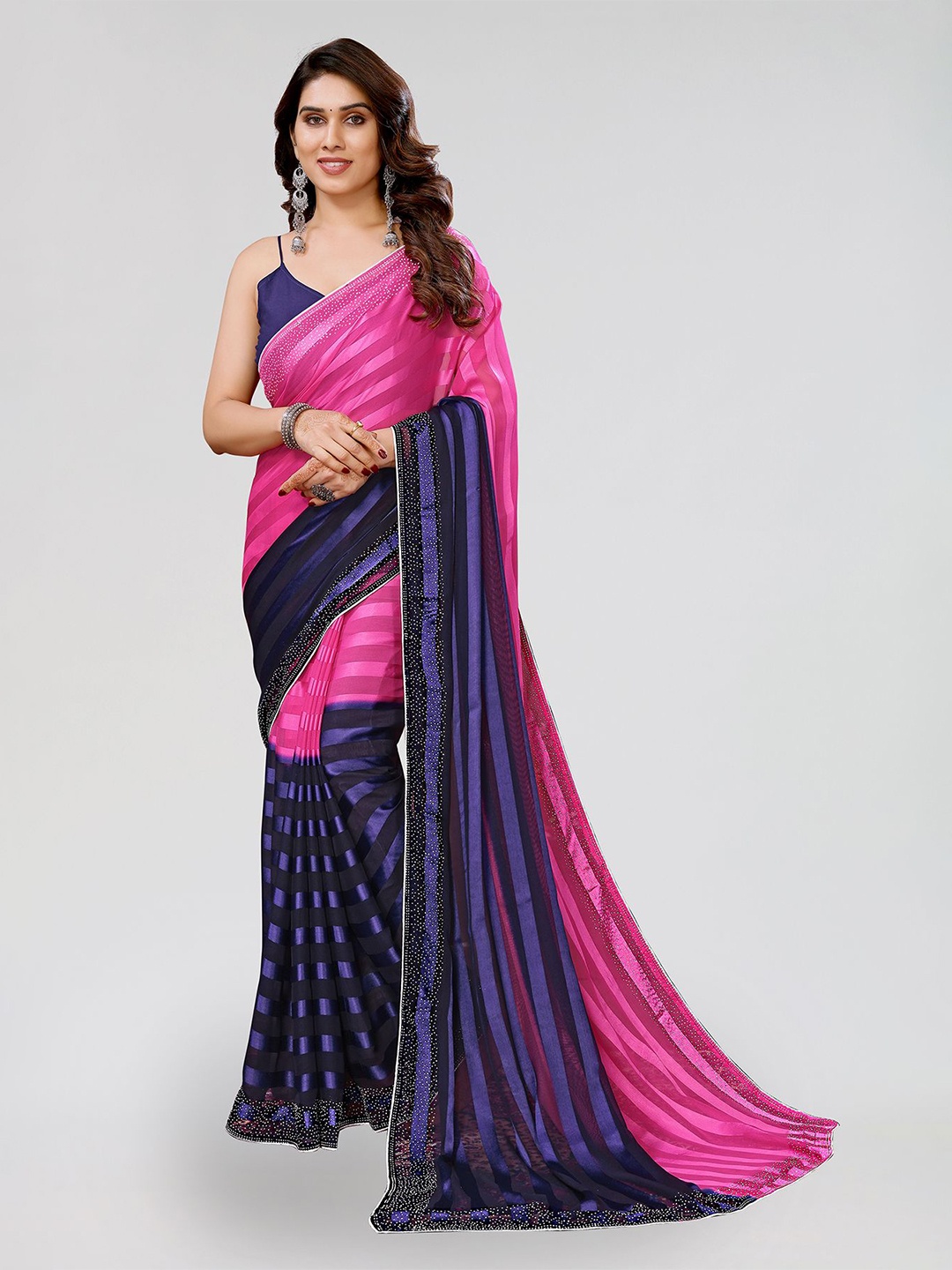 

ANAND SAREES Striped Beads and Stones Satin Saree, Pink