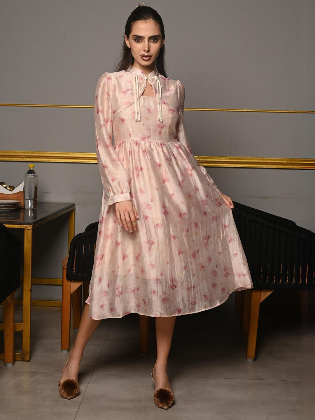 

ODETTE Floral Print Keyhole Neck Puff Sleeve A-Line Dress, Pink