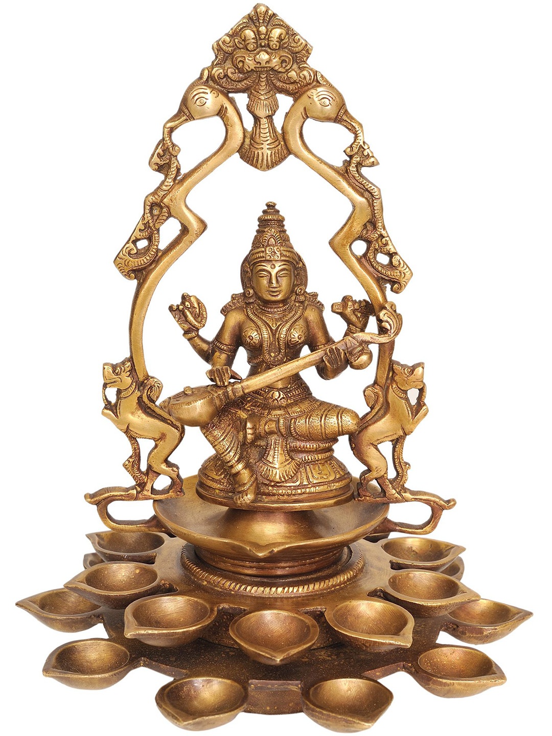 

Exotic India 12" Brass Goddess Saraswati Diyas, Brown