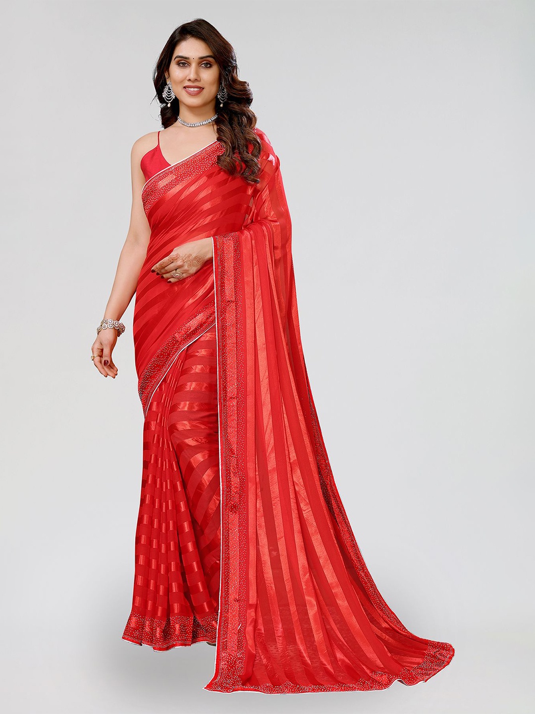 

ANAND SAREES Striped Beads and Stones Satin Saree, Red