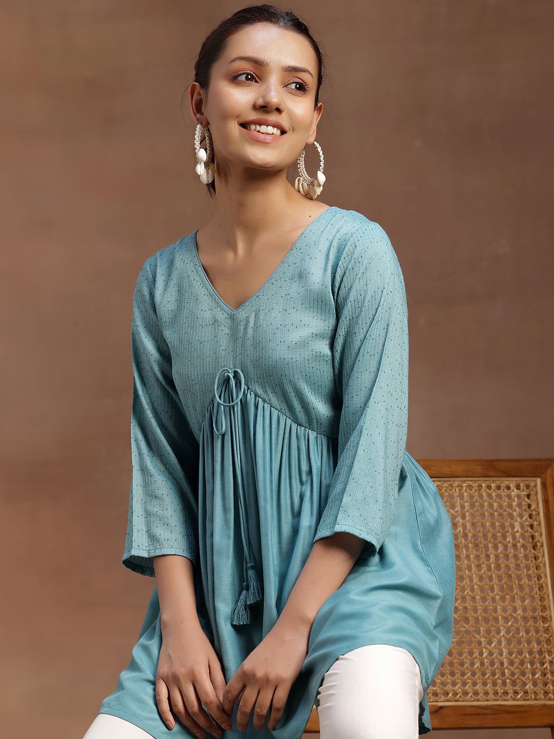 

Libas Embellished V-Neck Sequinned Sequinned Pleated Kurti, Sea green