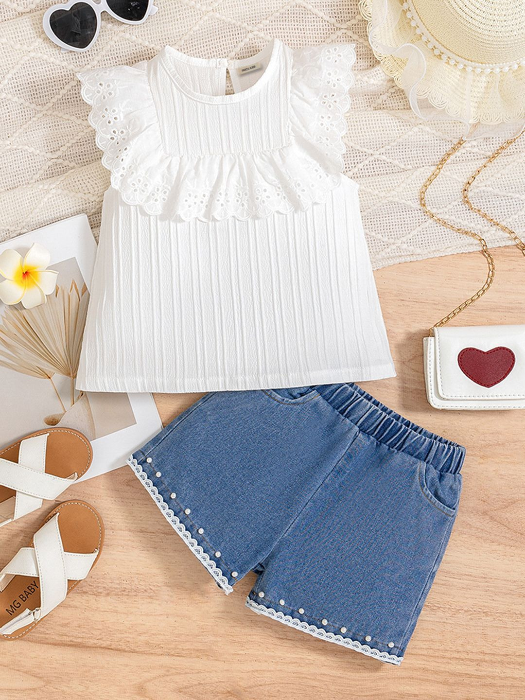 

INCLUD Girls Self Design Scalloped Lace Top With Denim Shorts, White