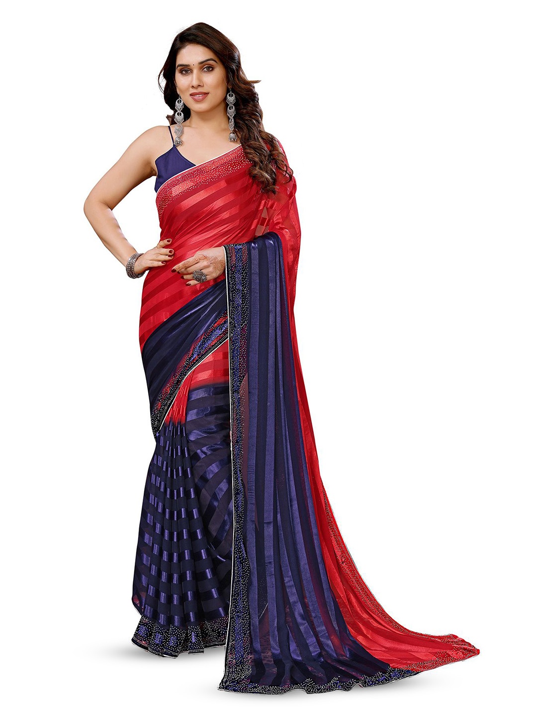

ANAND SAREES Striped Beads and Stones Satin Saree, Red