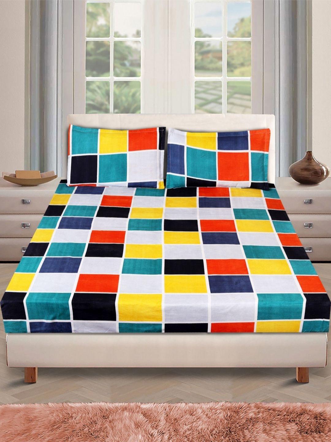 

Myntra Elegant Homes Multicolor Geometric Microfiber 160TC Queen Bedsheet& 2 Pillow Covers, White