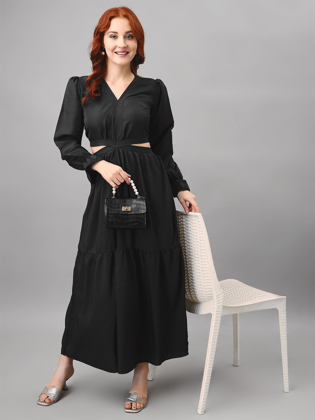 

Femvy Puff Sleeve Applique Crepe Fit & Flare Maxi Dress, Black