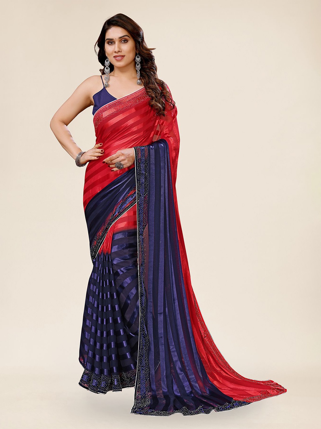 

ANAND SAREES Striped Satin Ready to Wear Saree, Red