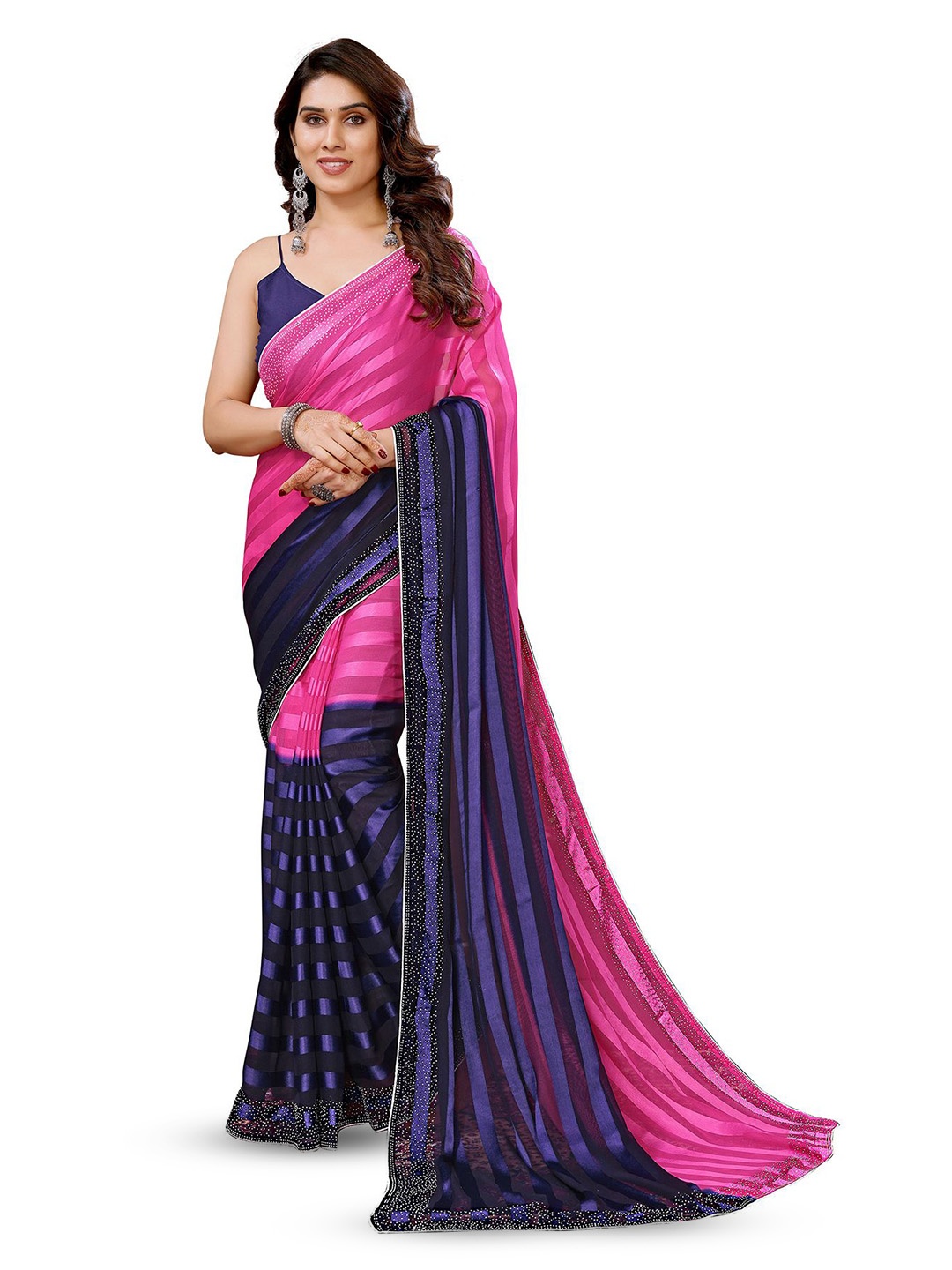 

ANAND SAREES Striped Beads and Stones Satin Ready to Wear Saree, Pink