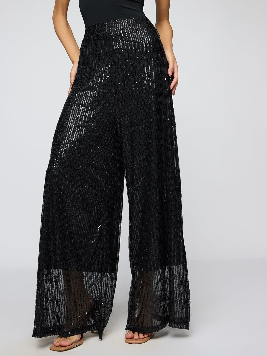 

FREAKINS Shimmering Noir Sequin Flare Fit Korean Pants, Black