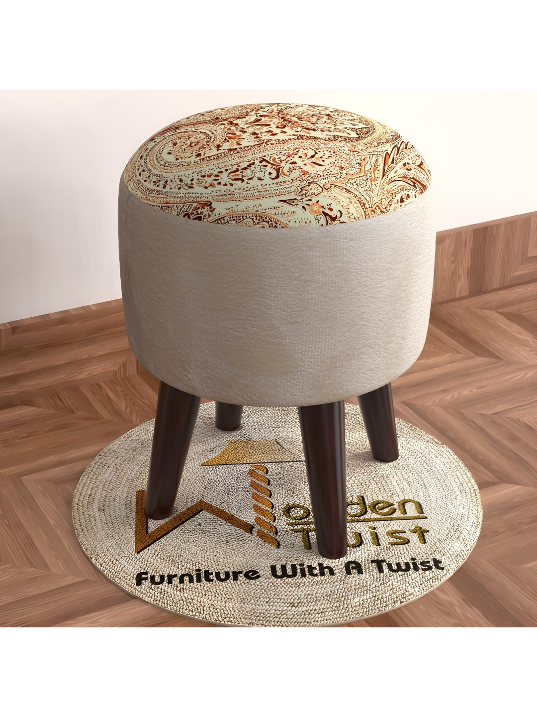 

Wooden Twist Beige Colored & Brown Printed Comfortable Cushion Round Ottoman Stool