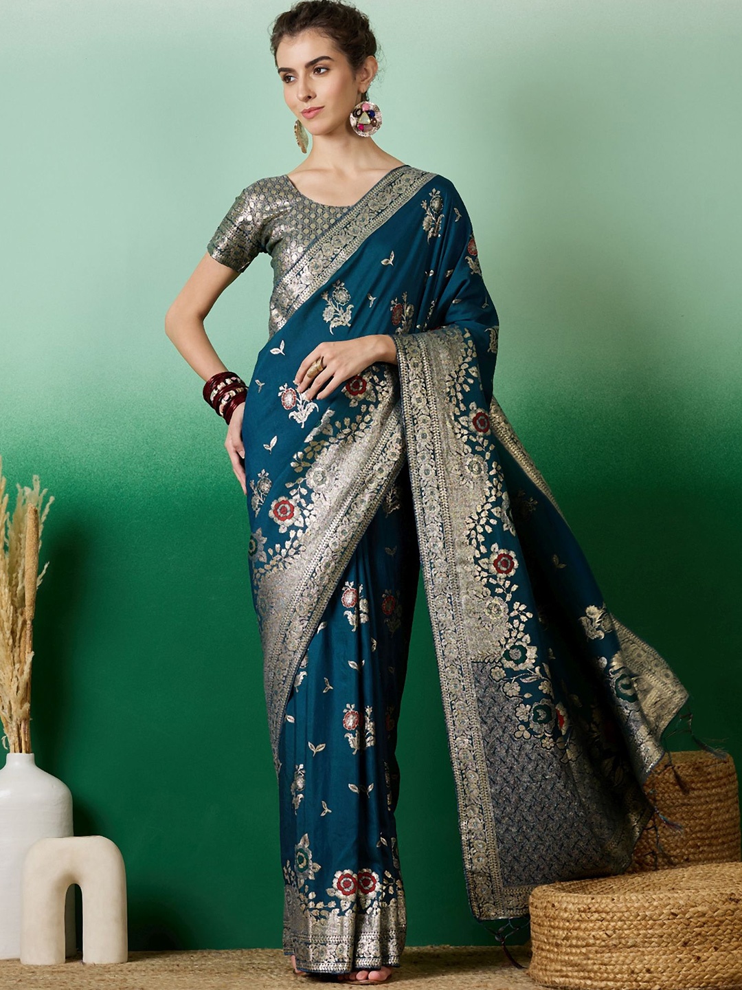 

NIRMAL CREATION Woven Design Zari Saree, Teal