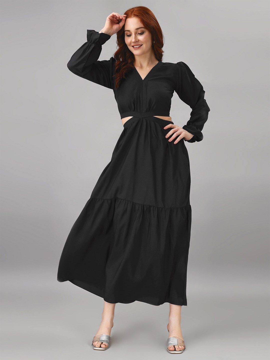 

Femvy Puff Sleeve Applique Crepe Fit & Flare Maxi Dress, Black