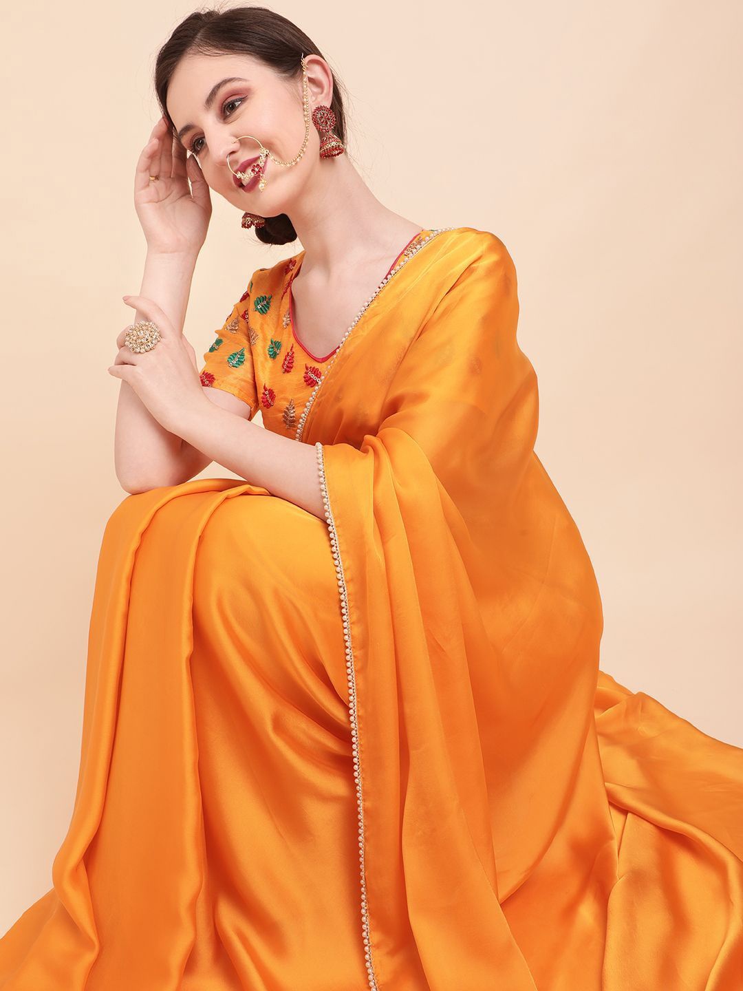 

FEBO FASHION Ethnic Motifs Beads and Stones Poly Chiffon Designer Saree, Yellow