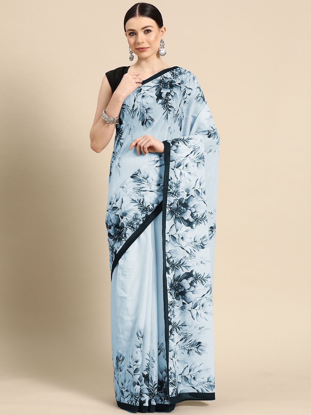 

BUTA BUTI Floral printed pure cotton daily wear saree, Blue