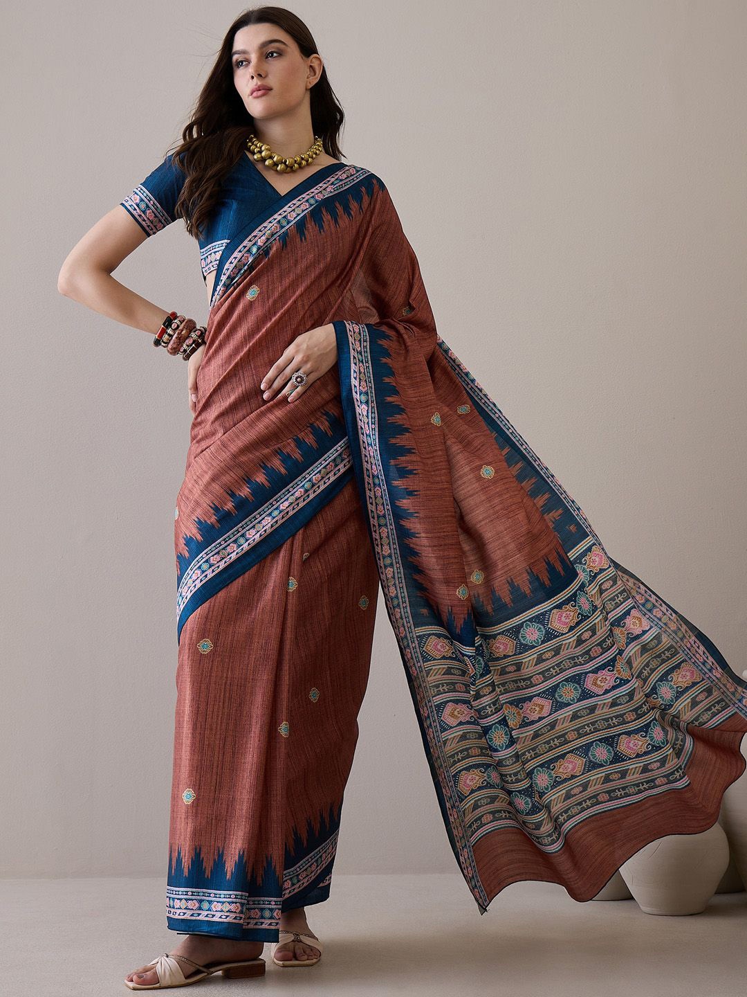 

Saree mall Bagh Silk Blend Bagru Sarees, Brown