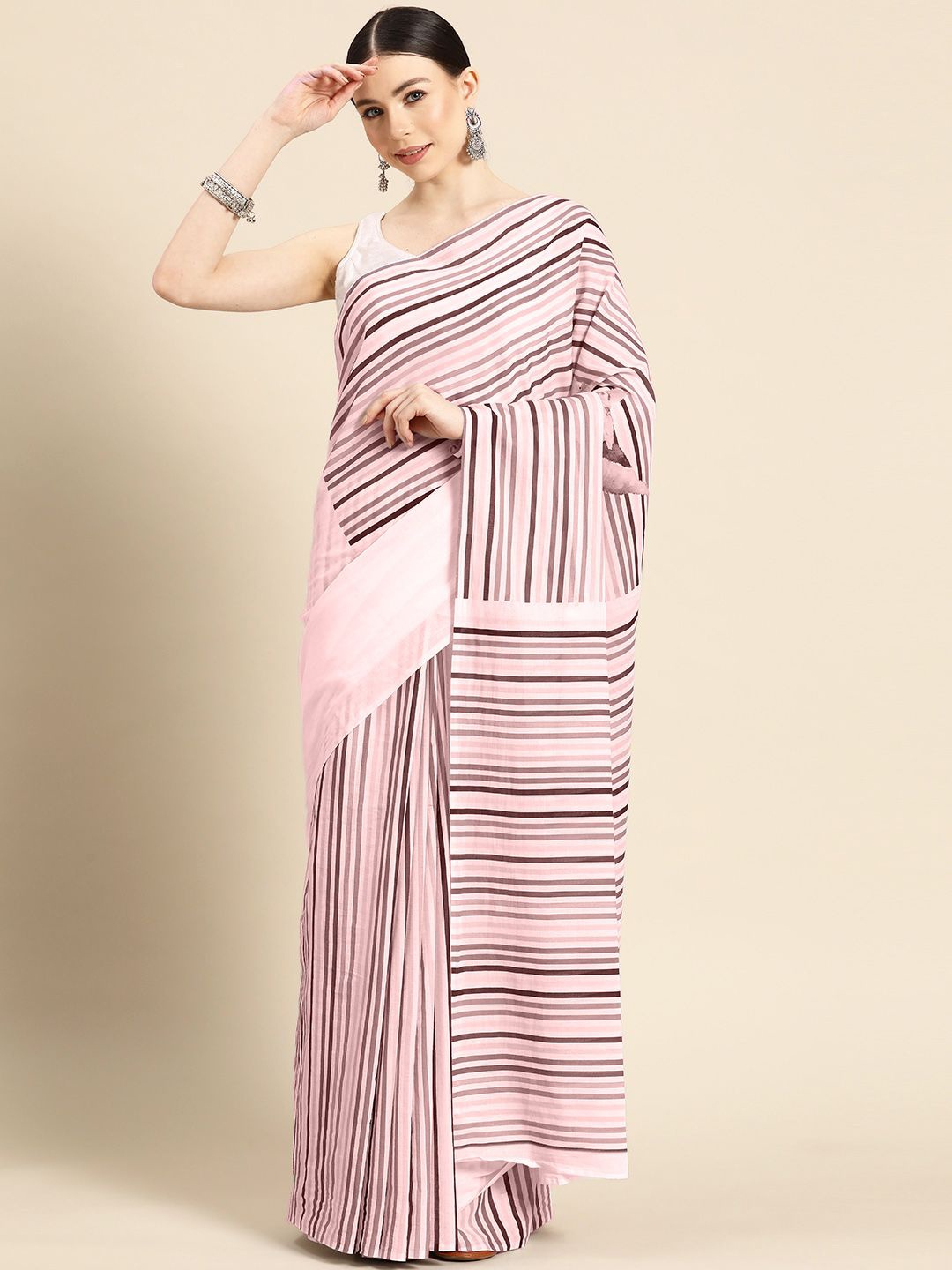 

BUTA BUTI Striped Pure Cotton Saree, Mauve