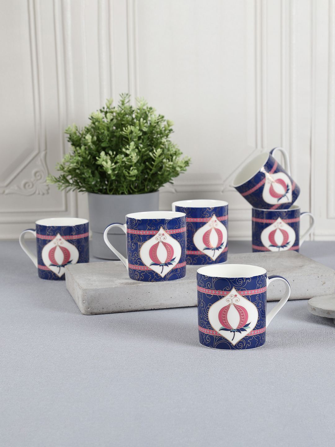

India Circus by Krsnaa Mehta Navy Blue & White Floral Bone China Glossy Mugs 220 ml