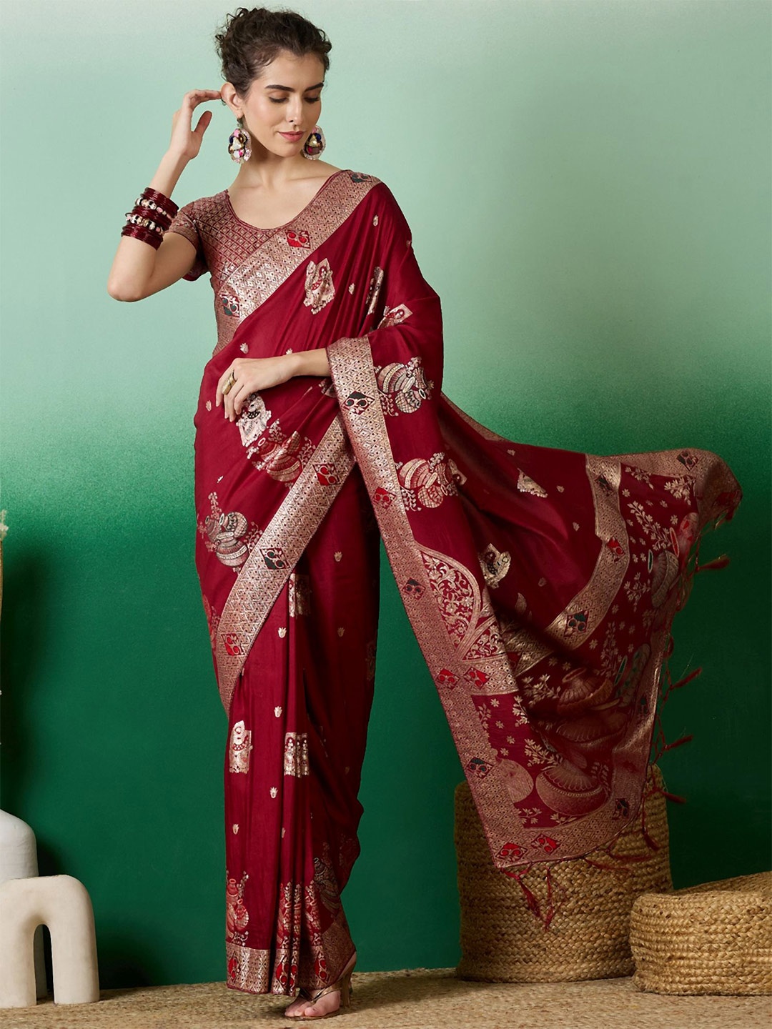 

NIRMAL CREATION Woven Design Zari Saree, Maroon