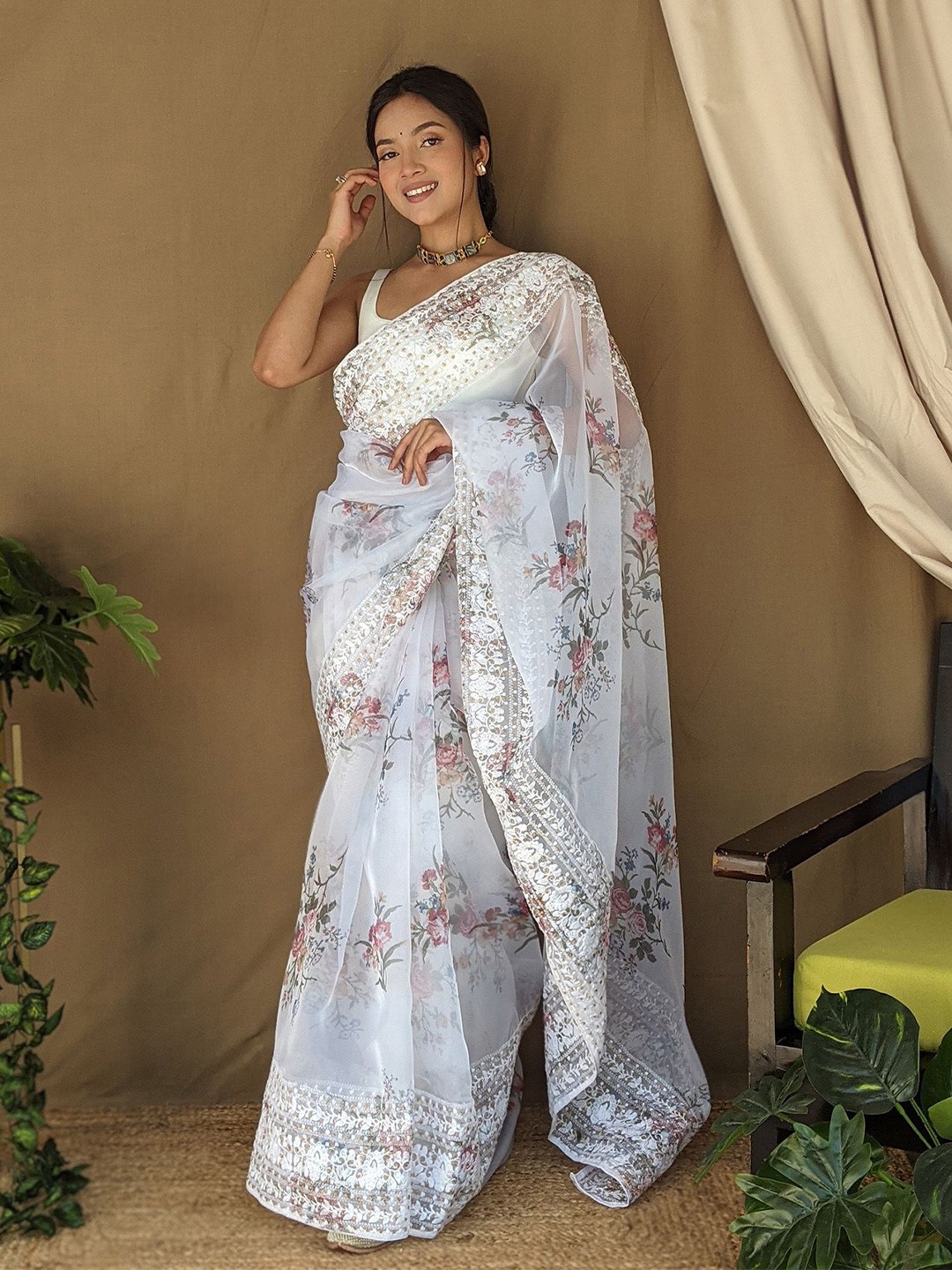 

elora Floral Embroidered Organza Designer Saree, White