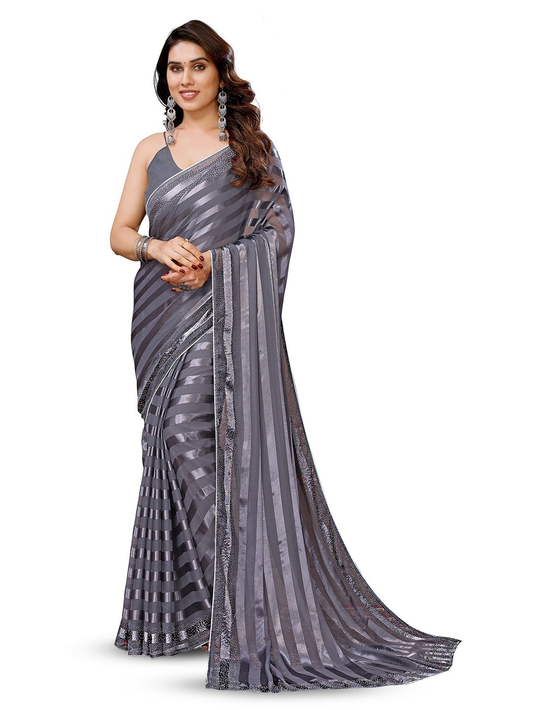 

ANAND SAREES Striped Beads and Stones Satin Saree, Grey
