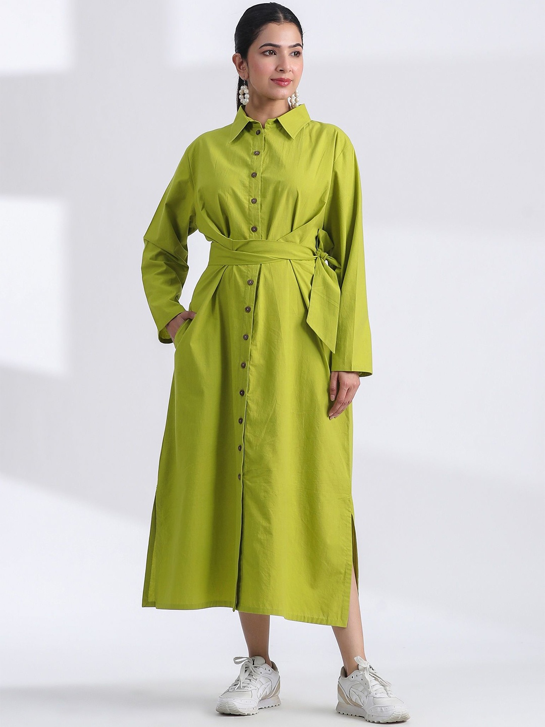 

JAIPURRANG Cotton Shirt Midi Dress, Lime green