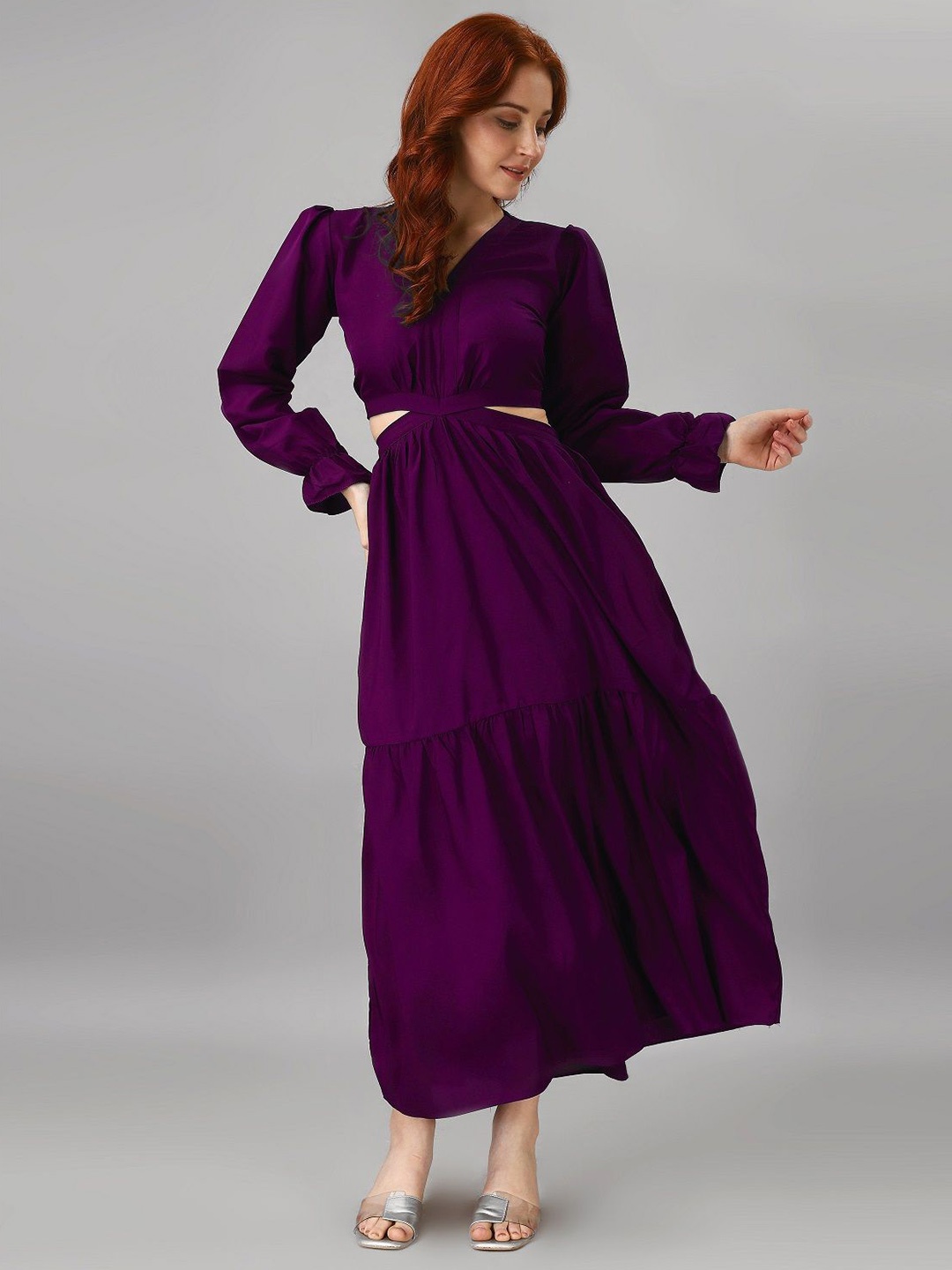 

Femvy Puff Sleeve Applique Crepe Fit & Flare Maxi Dress, Magenta