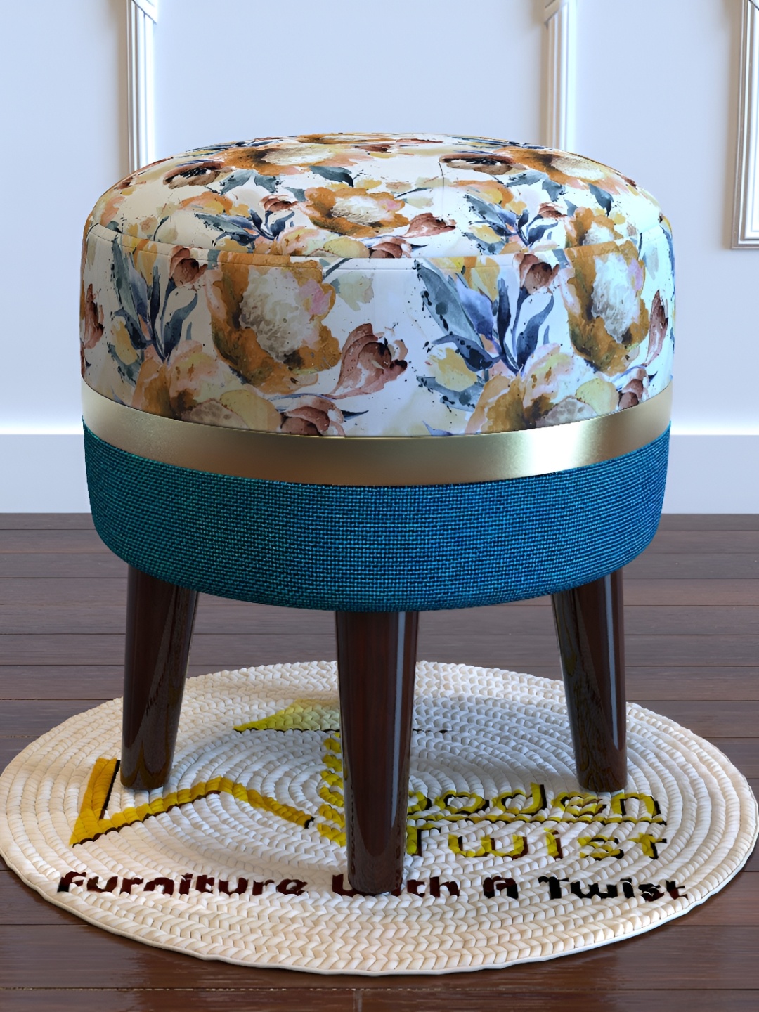 

Wooden Twist Beige & Blue Printed Comfortable Cushion Round Ottoman Stool