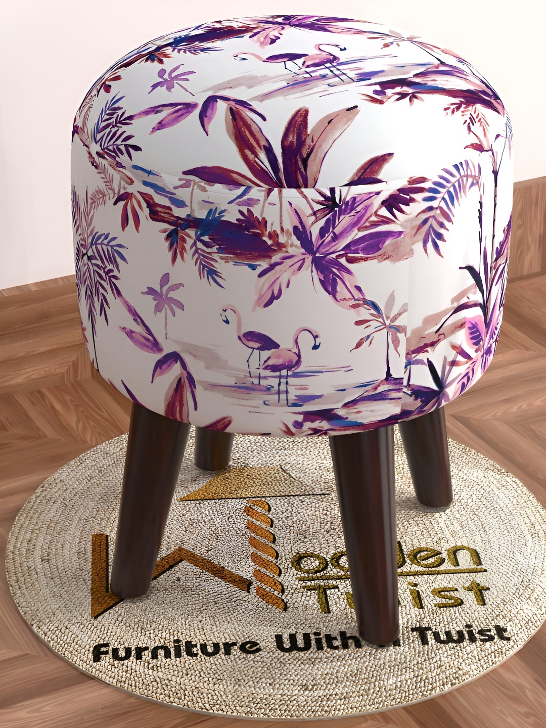 

Wooden Twist Purple & White Printed Comfortable Cushion Round Ottoman Stool