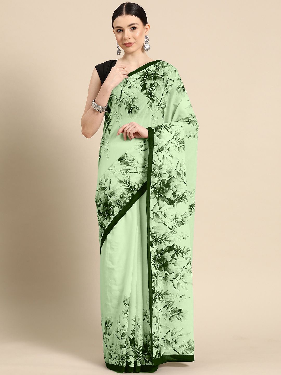 

BUTA BUTI Floral Printed Pure Cotton Saree, Green