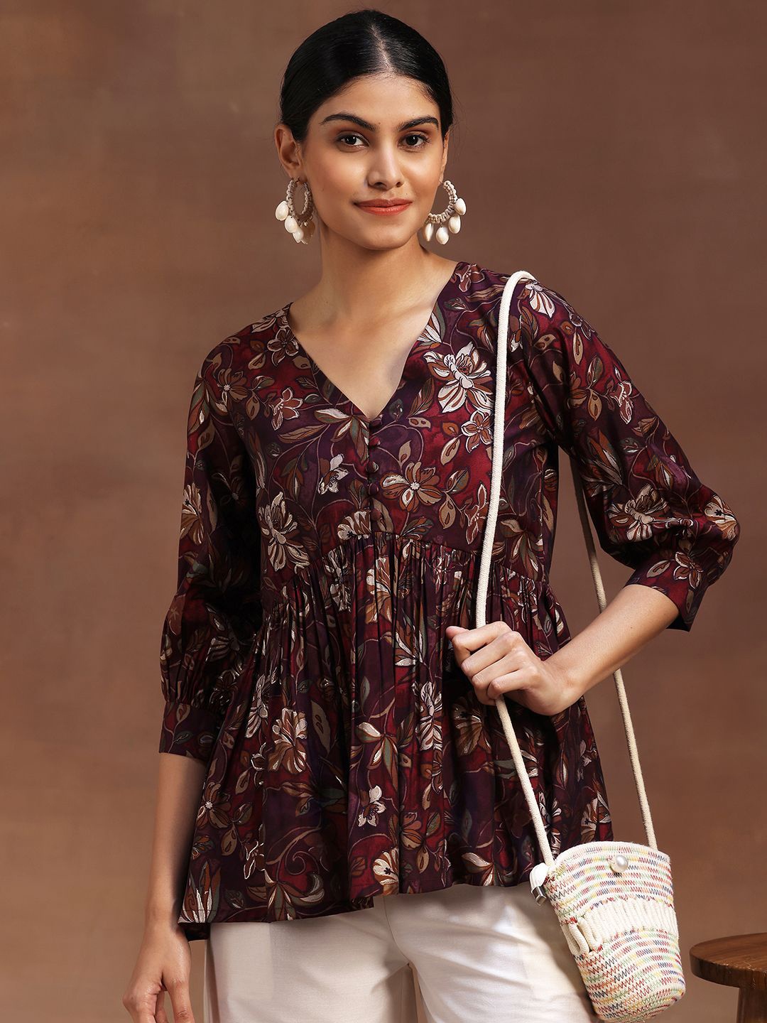 

Libas Floral Printed V-Neck Pleated Kurti, Burgundy