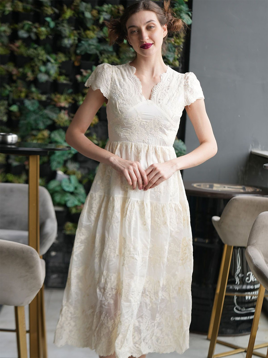 

ODETTE Embroidered Fit & Flare Dress, Off white