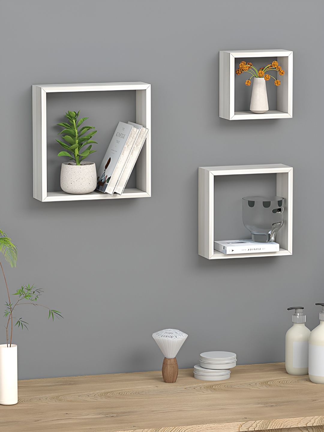 

RANDOM Grey & White 3 Pieces Wooden Basic Wall Shelfs