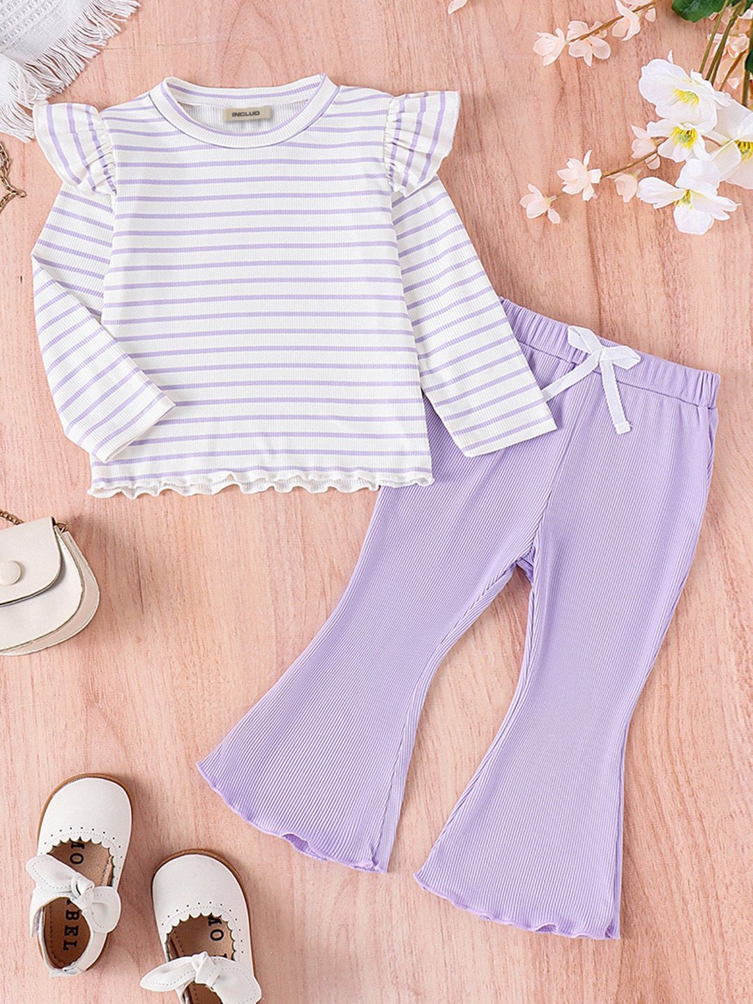 

INCLUD Girls Striped T-shirt with Trousers, Purple