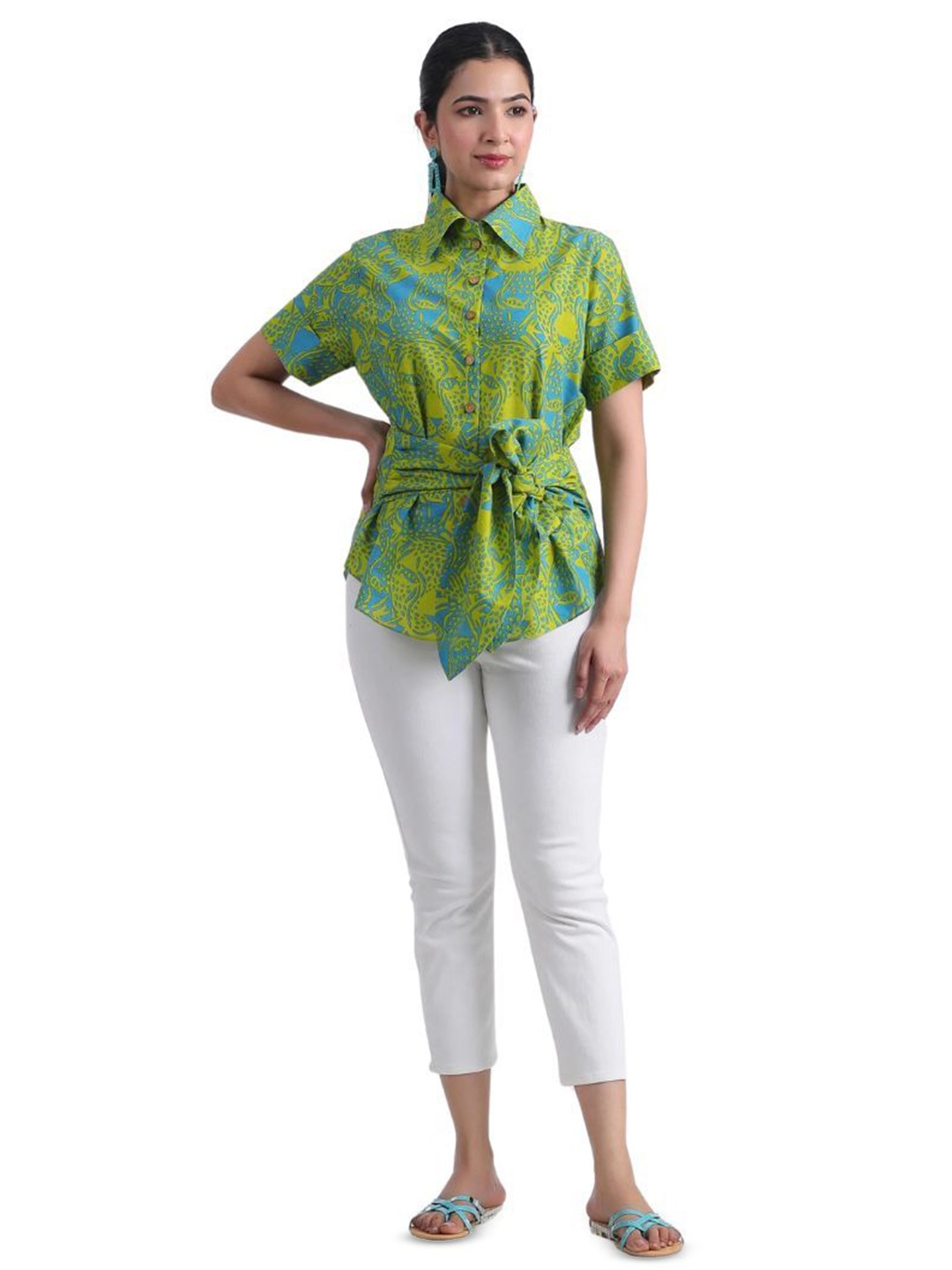 

JAIPURRANG Tiger Print Shirt Collar Cotton Peplum Top, Lime green